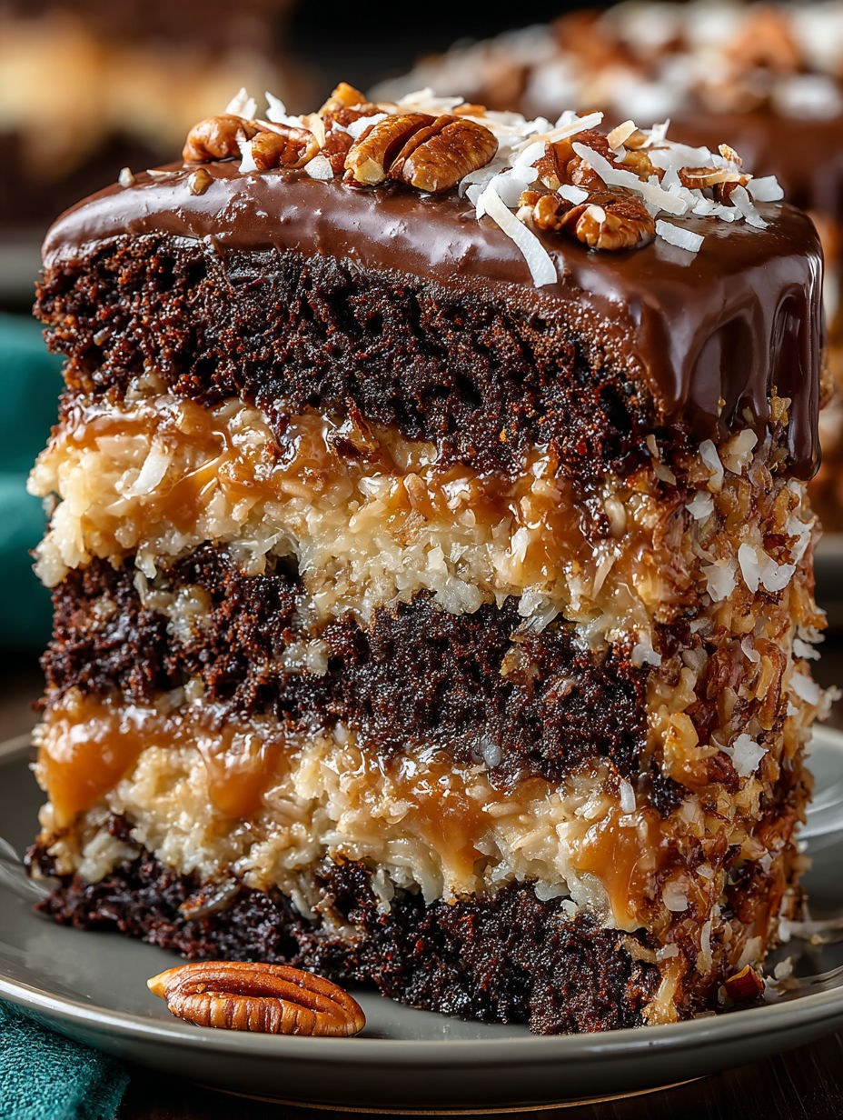 A slice of German Chocolate Cake with coconut and pecans.