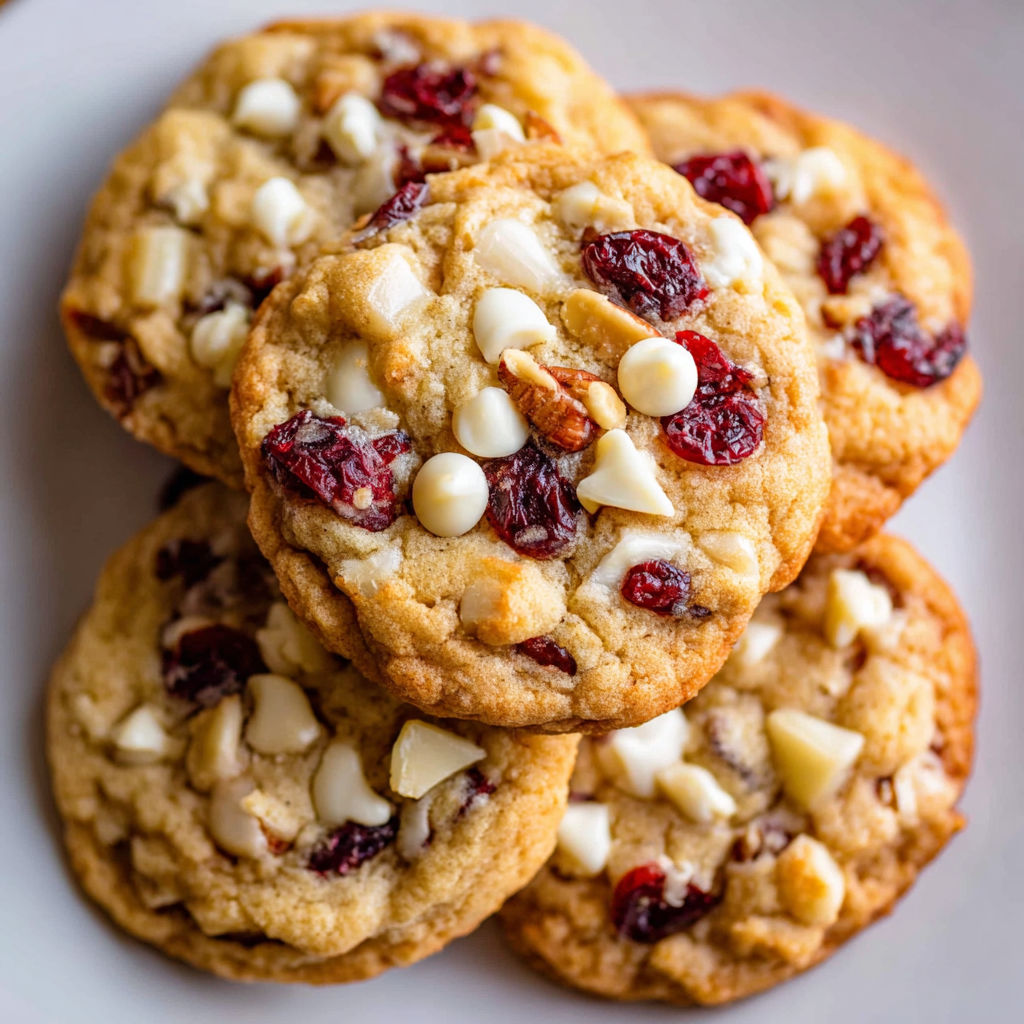 A plate of white chocolate cranberry cookies.