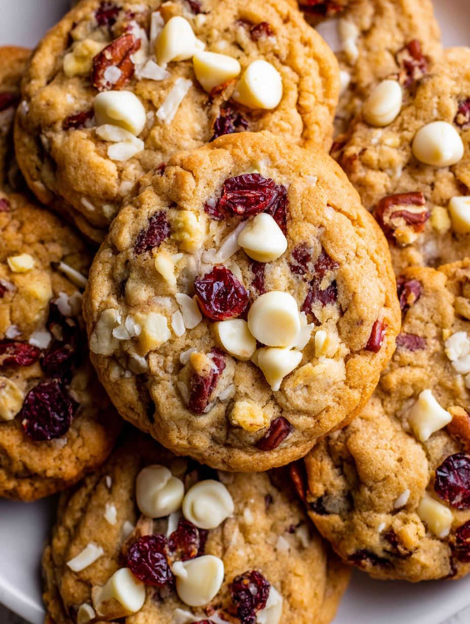 A close up of a cookie with white chocolate and red fruit.