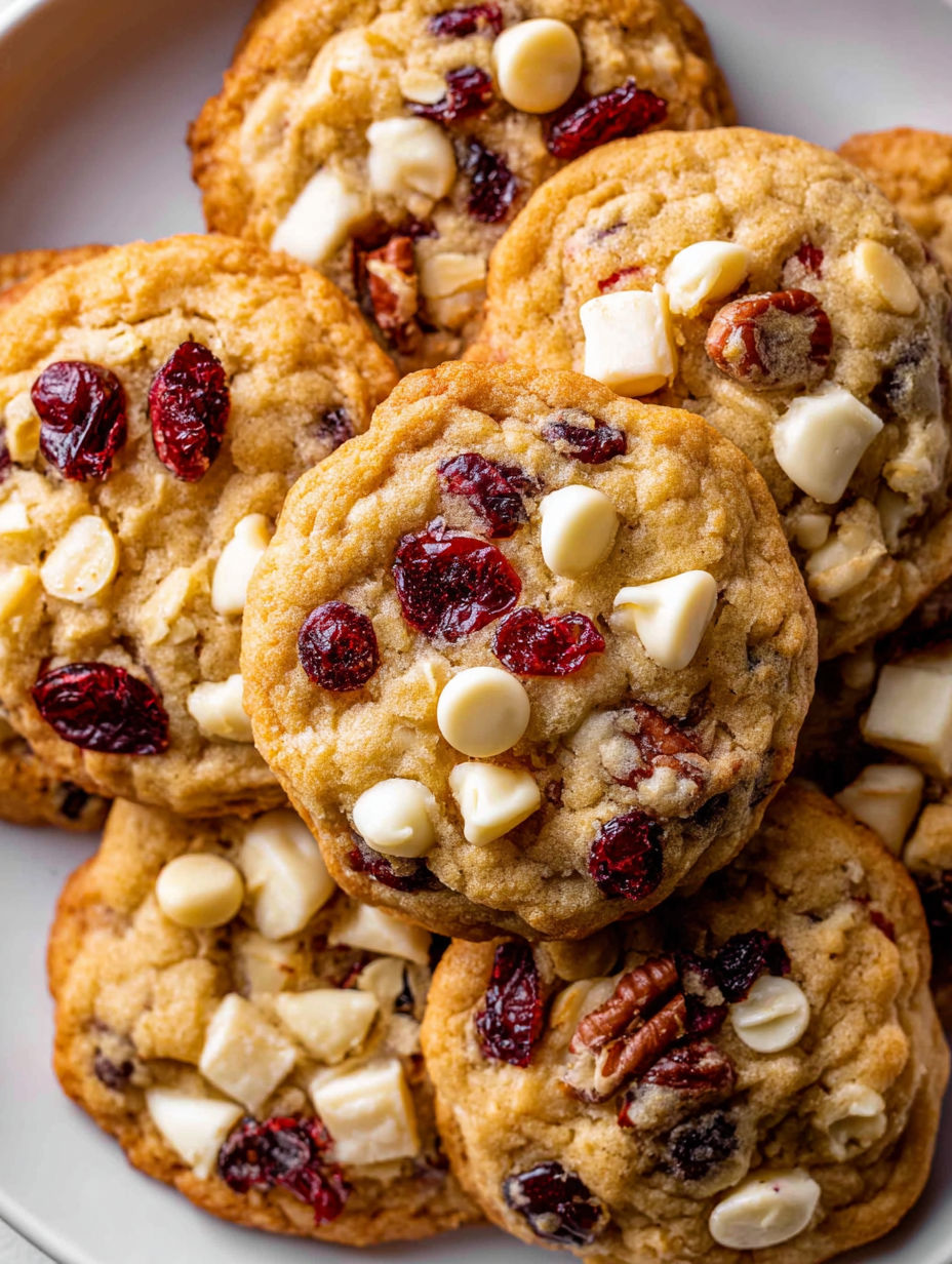 A plate of cookies with white chocolate and red berries.