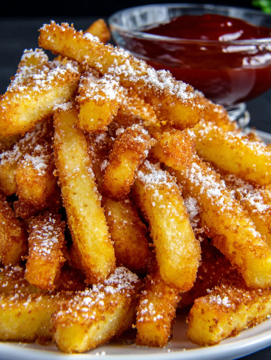 A plate of french fries with powdered sugar on top.