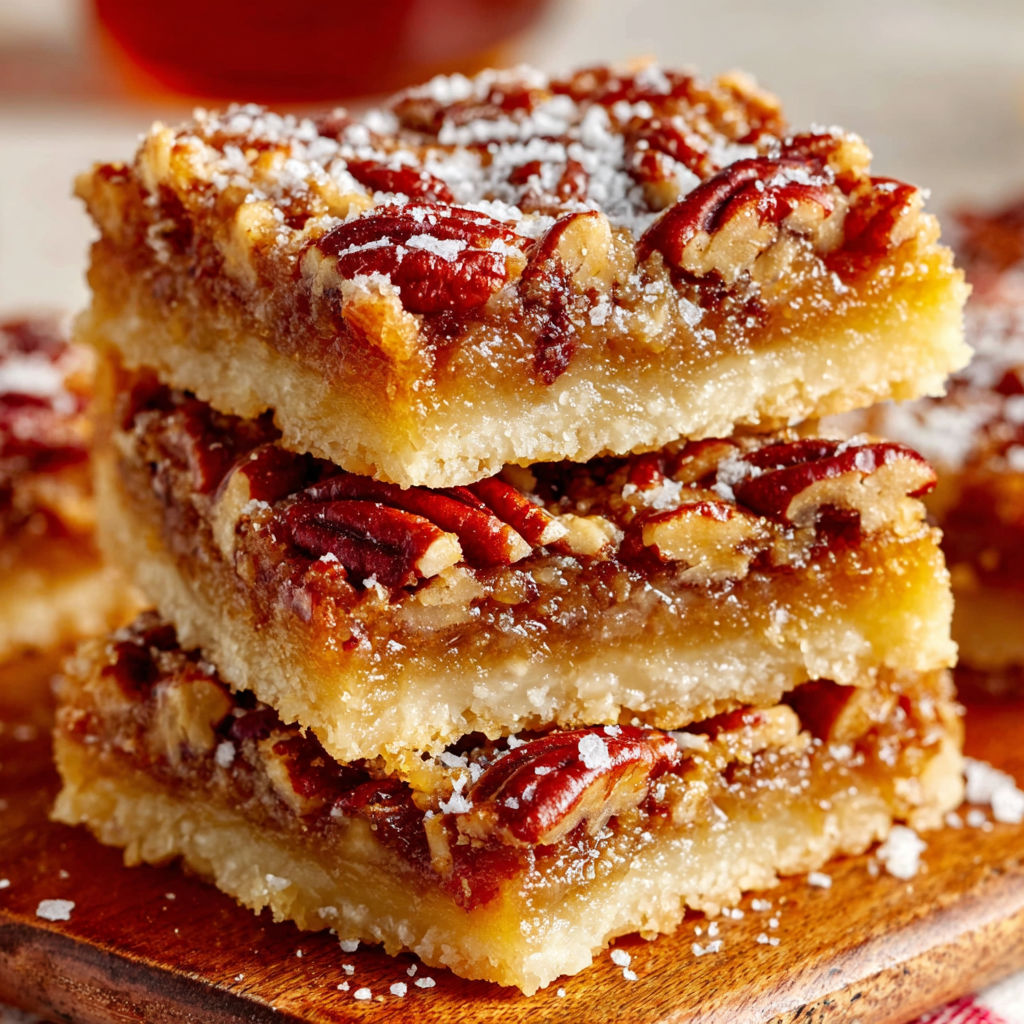 A stack of pecan pie bars.