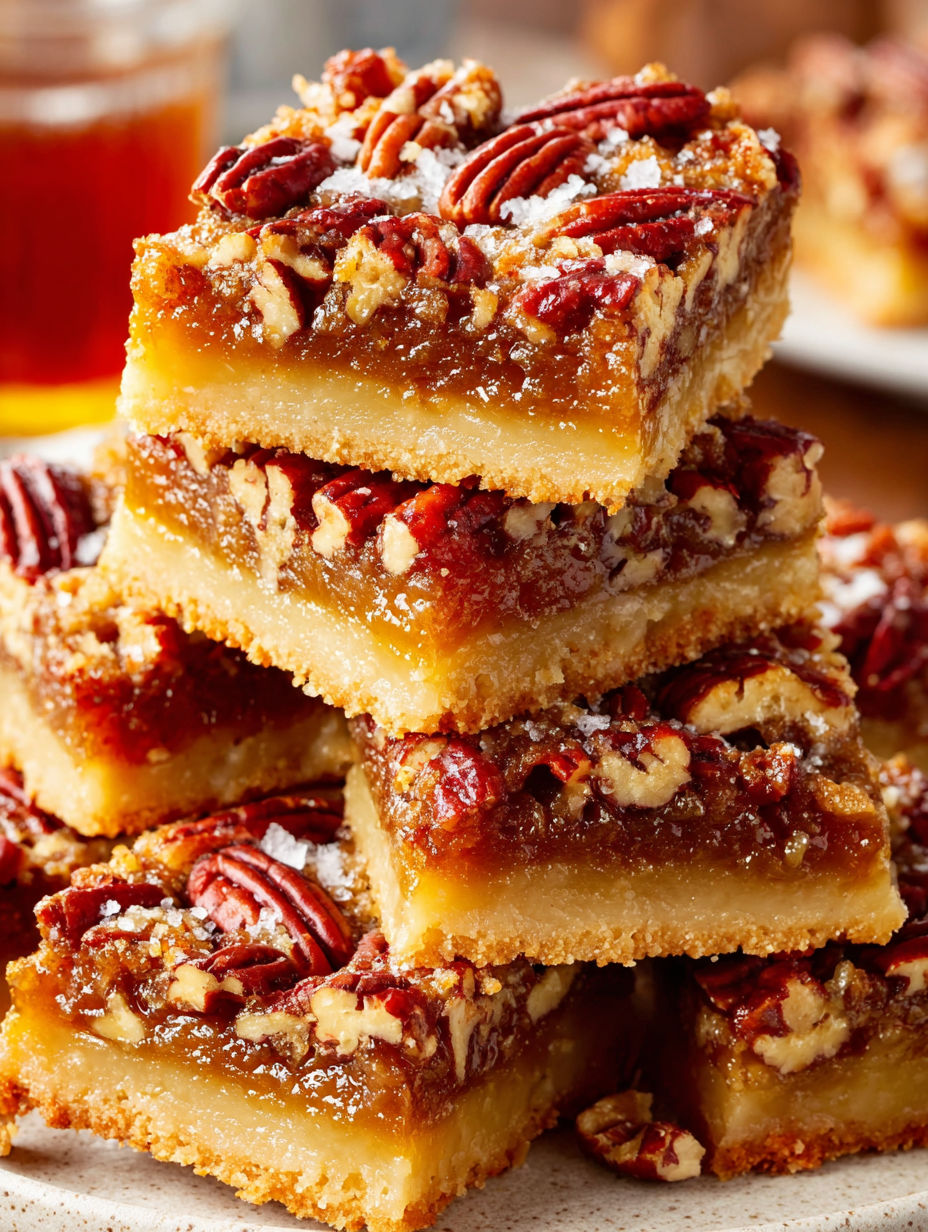 A stack of pecan pie bars.