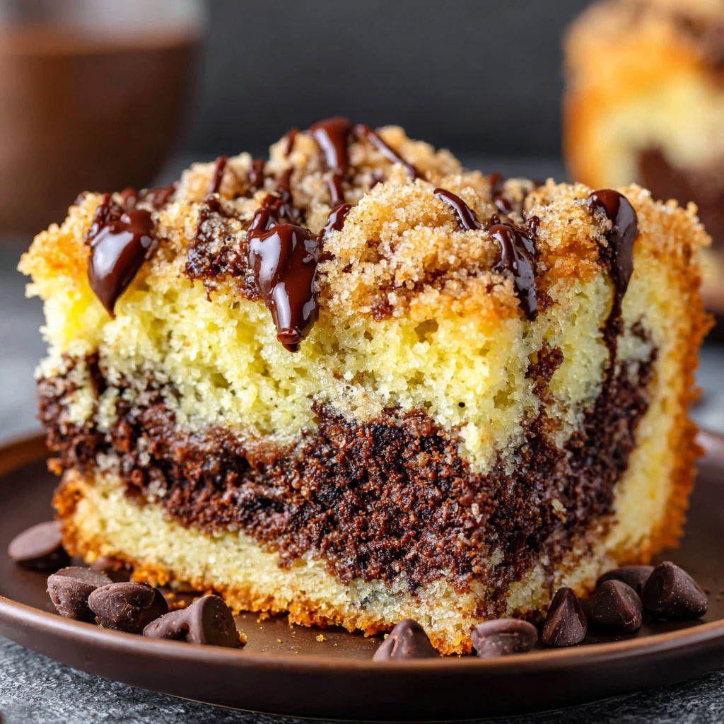 A slice of chocolate chip coffee cake.