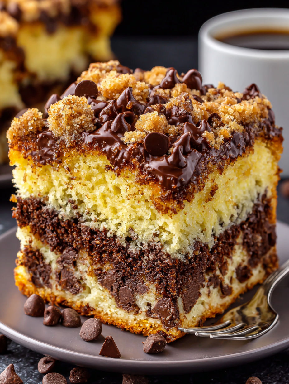 A slice of cake with chocolate and nuts.