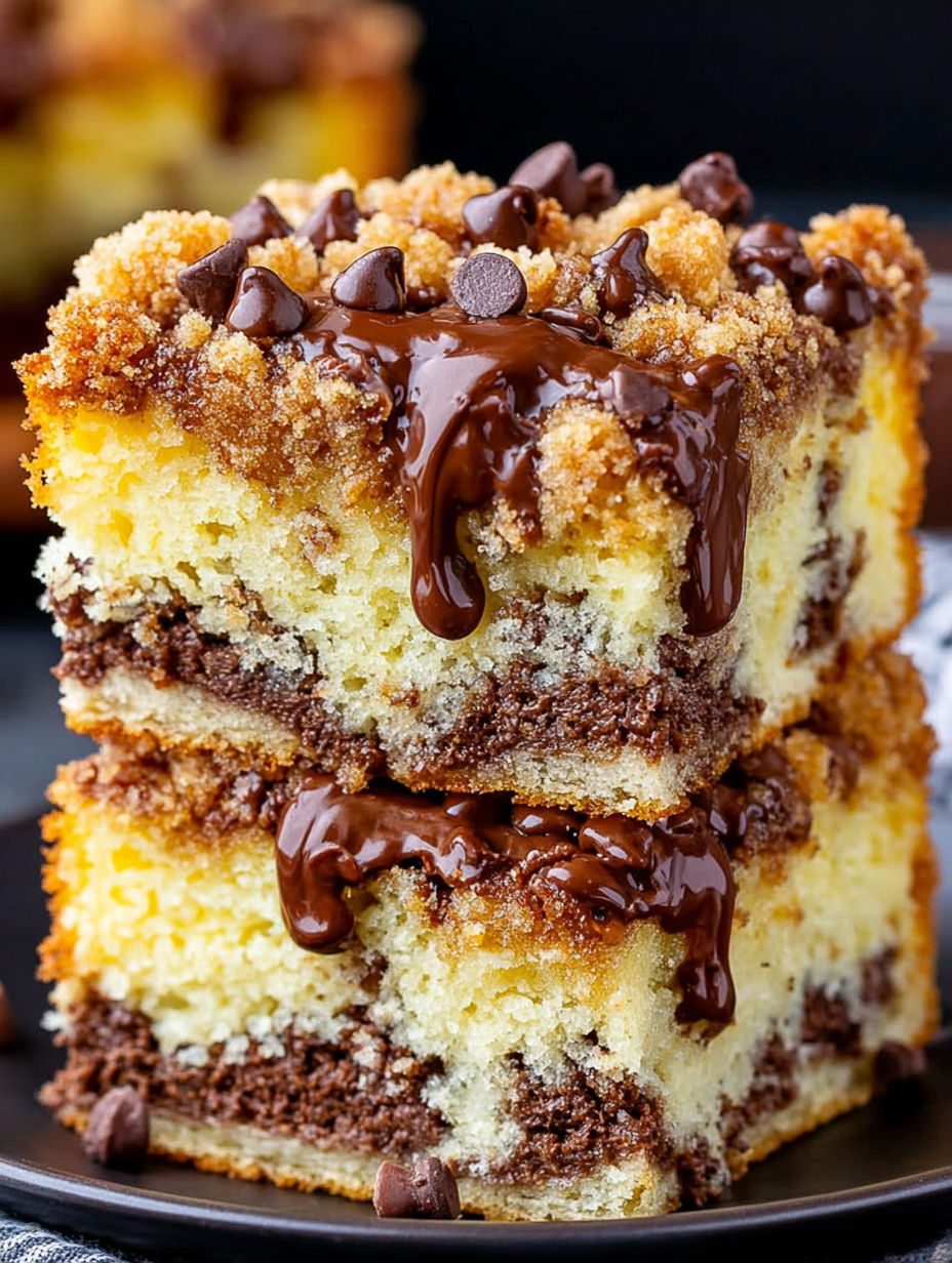 A slice of cake with chocolate drizzled on top.