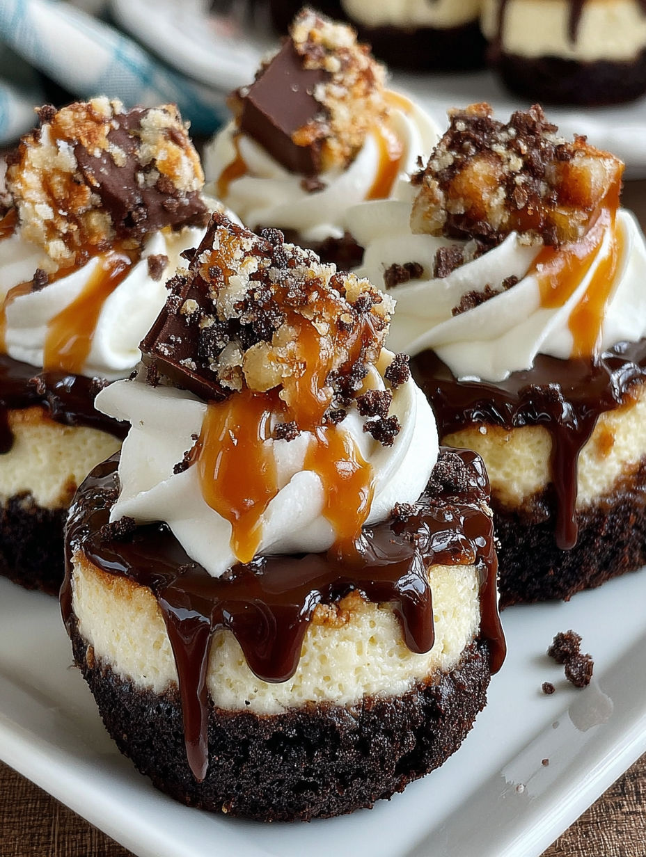 Loaded brownie cheesecake cups with caramel drizzle.