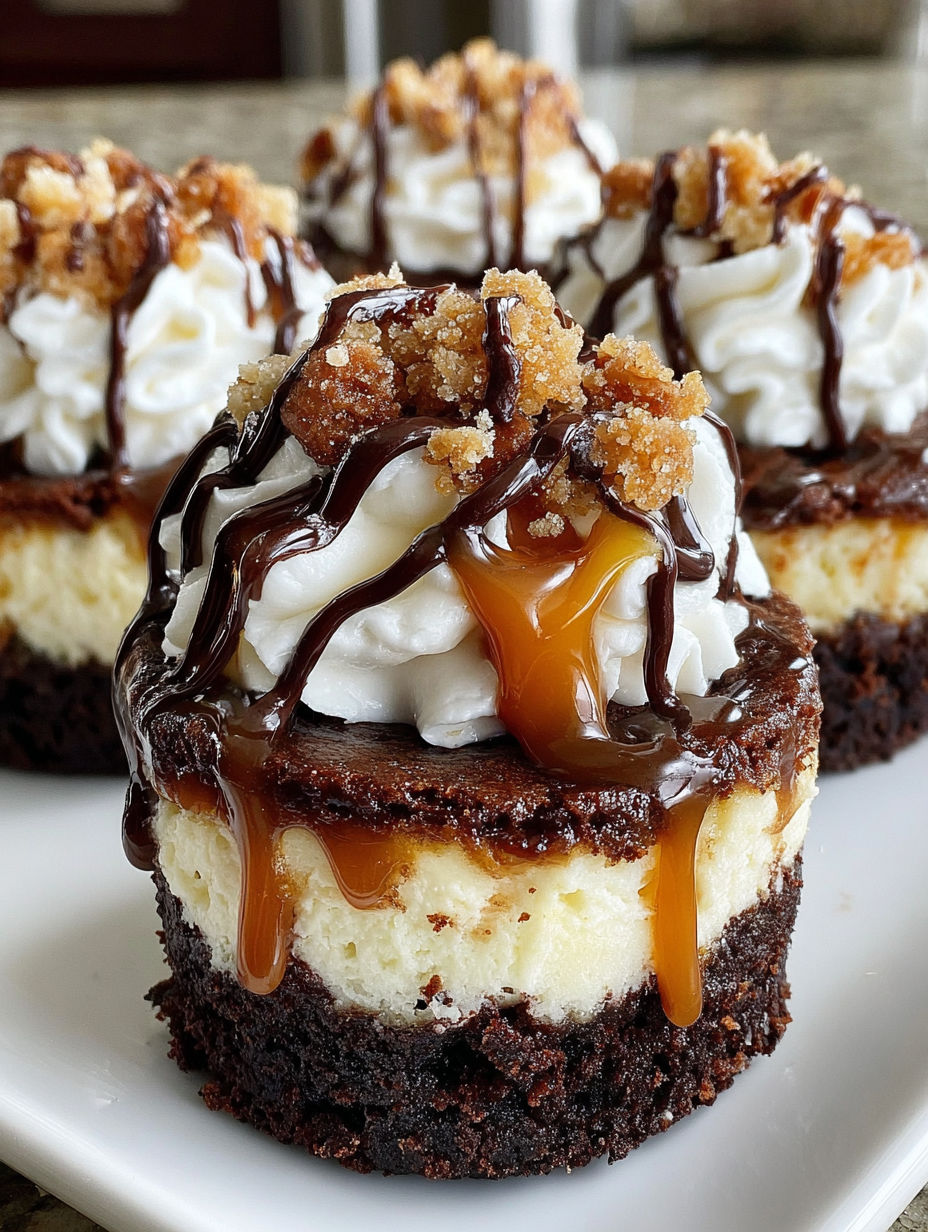 Loaded brownie cheesecake cups with caramel drizzle.