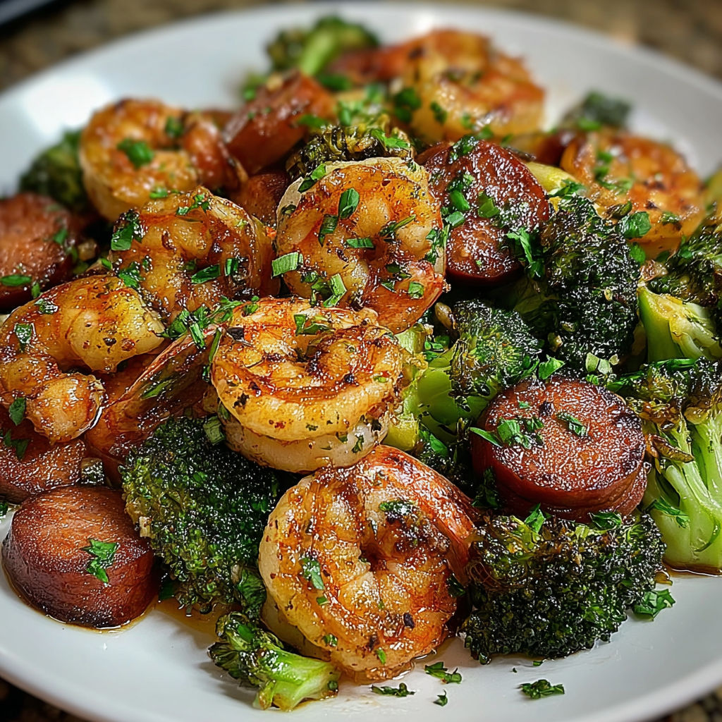A plate of food with shrimp, sausage, and broccoli.