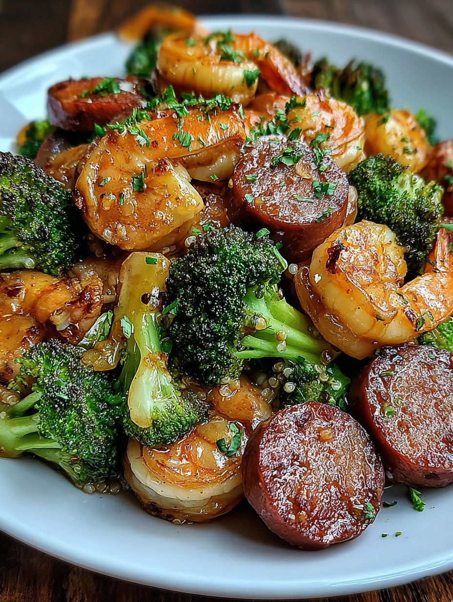 A plate of food with shrimp, sausage, and broccoli.