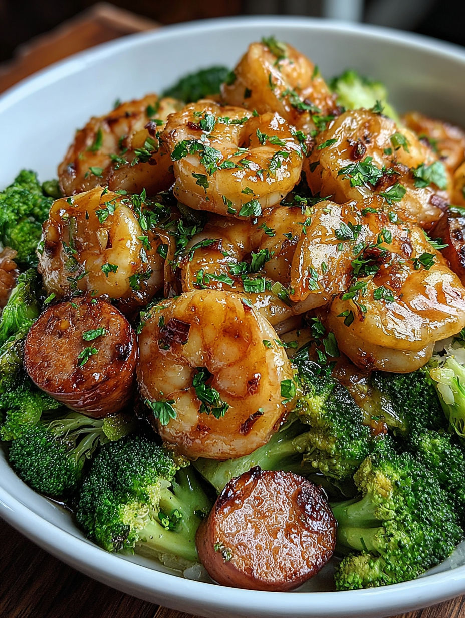 A bowl of shrimp, sausage, and broccoli.