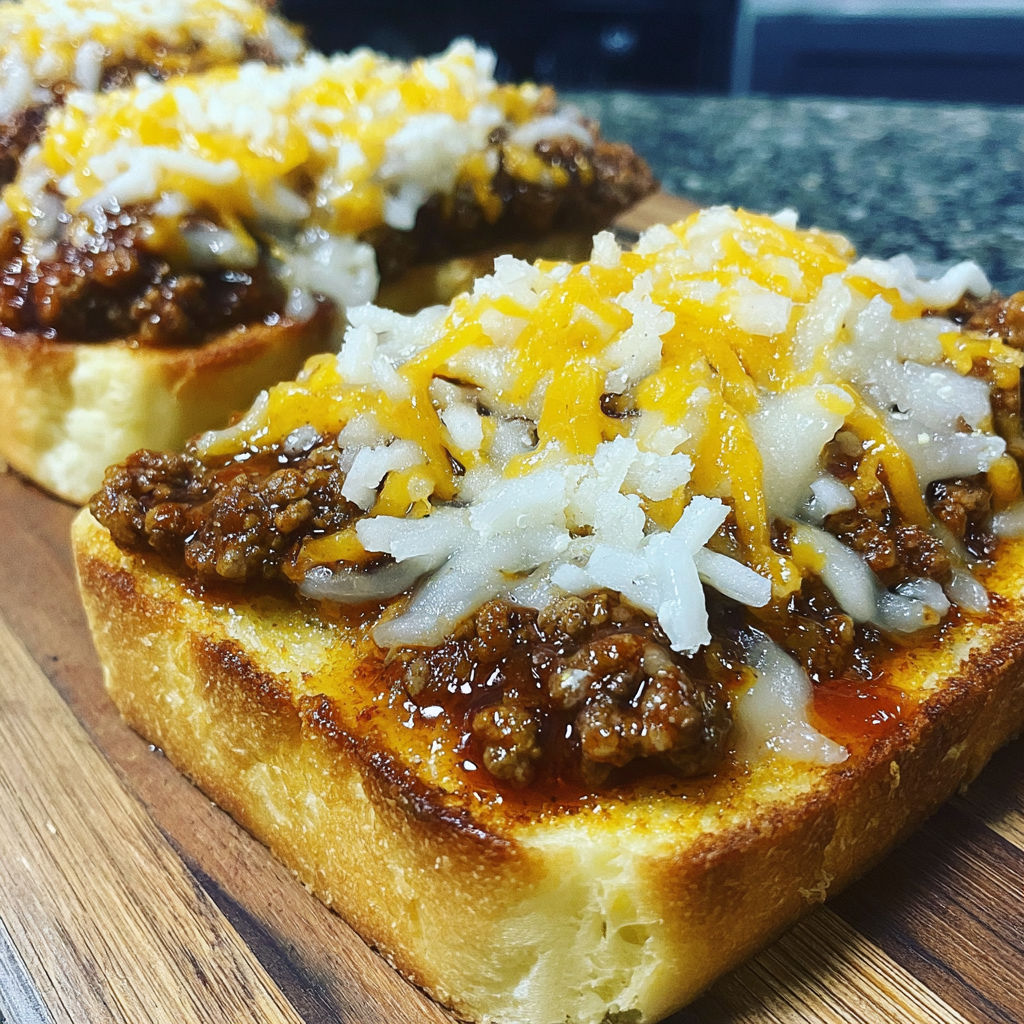 A cheesy sloppy joe garlic toast.