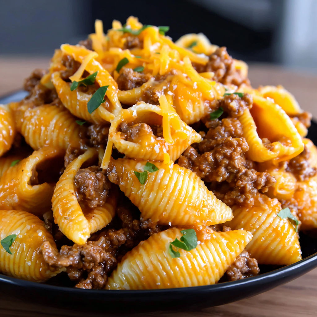 A bowl of pasta with cheese and meat.