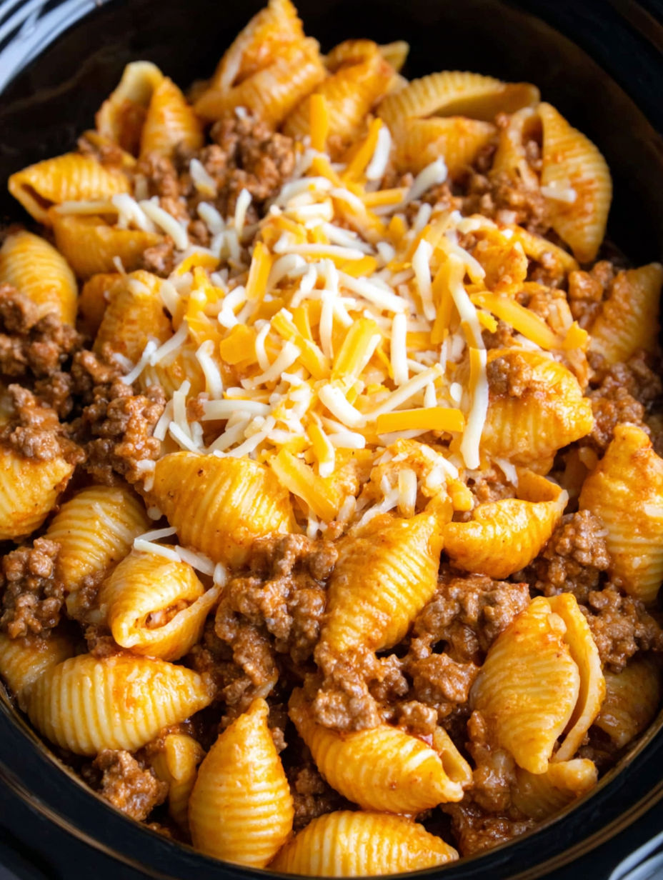 A bowl of pasta with cheese and meat.
