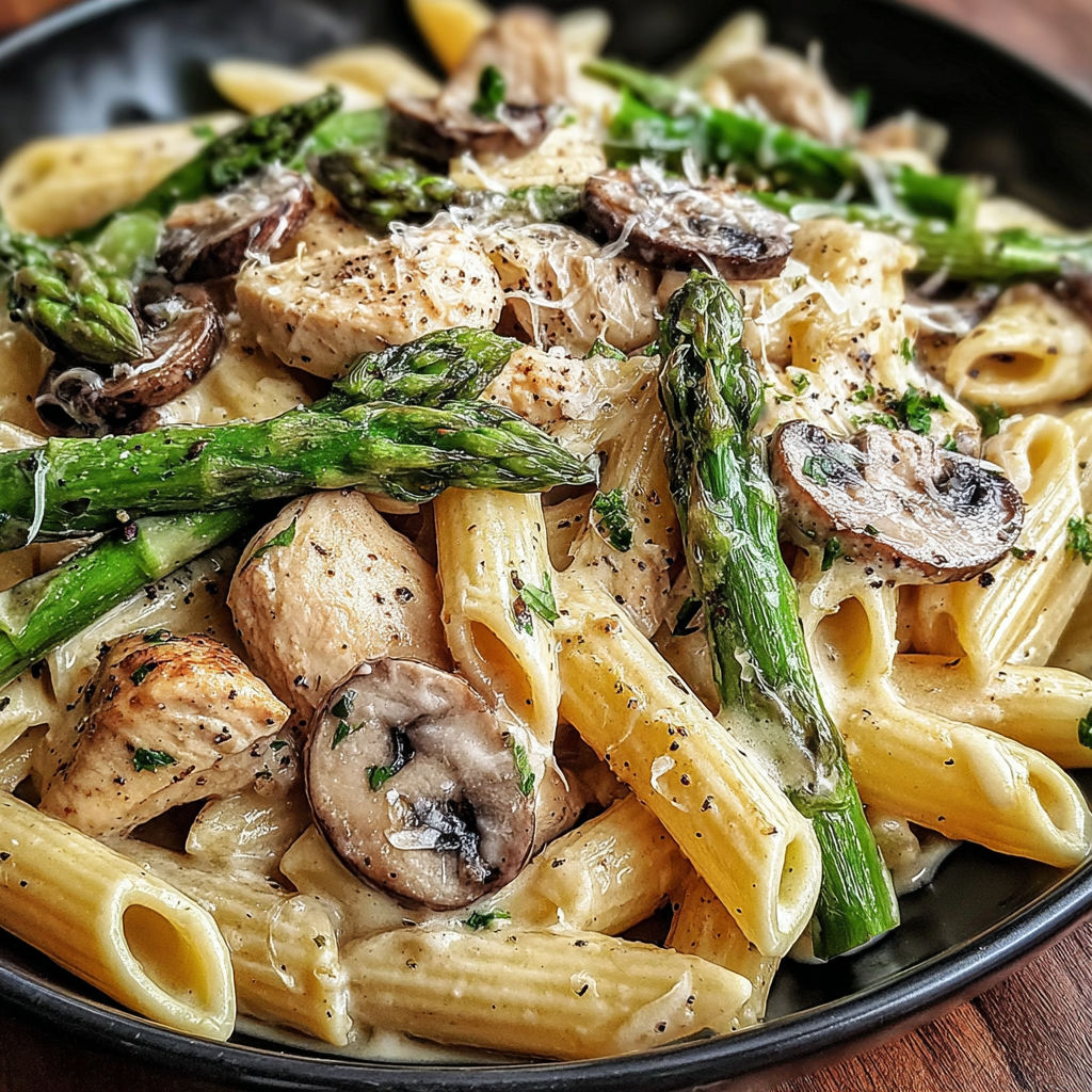 A bowl of creamy mushroom asparagus chicken penne.