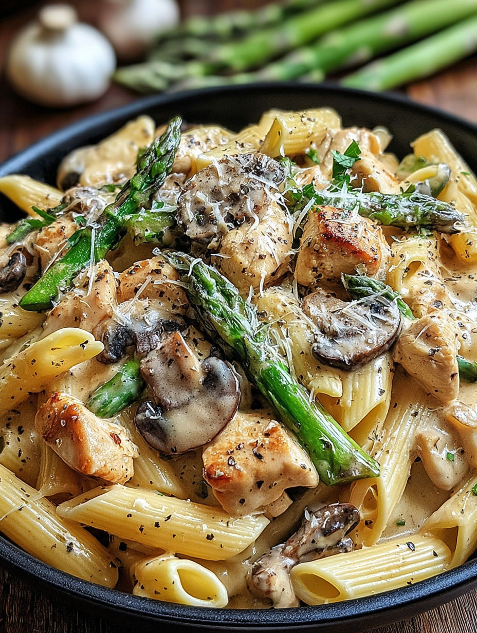 A bowl of pasta with chicken, mushrooms, and asparagus.