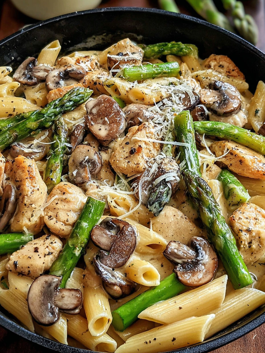 A delicious pasta dish with mushrooms and asparagus.