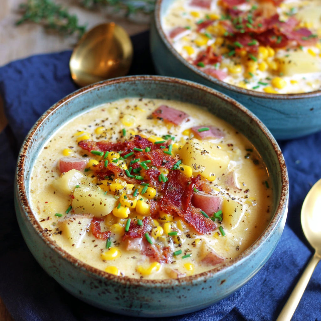 Two bowls of creamy corn chowder with bacon.