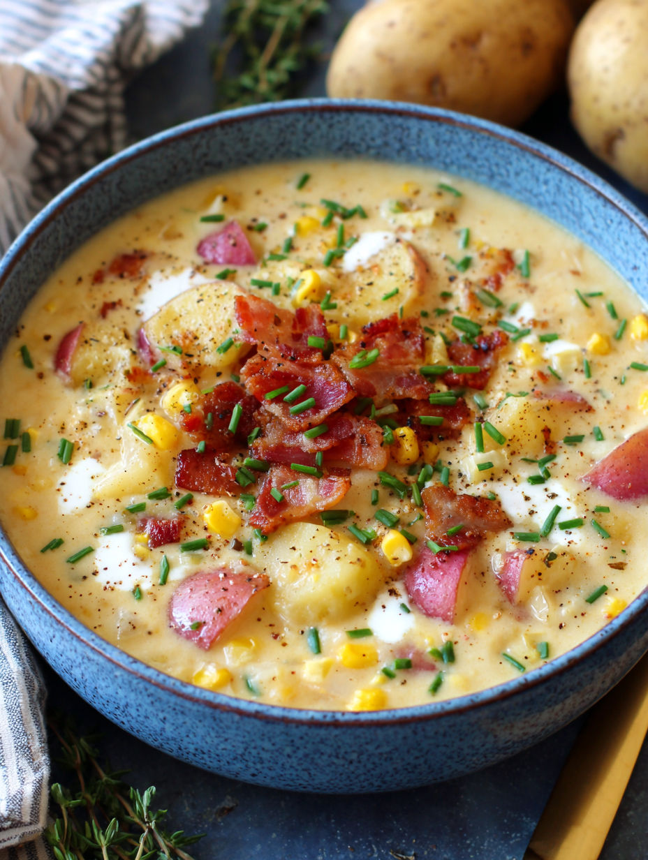 A bowl of soup with bacon and corn.