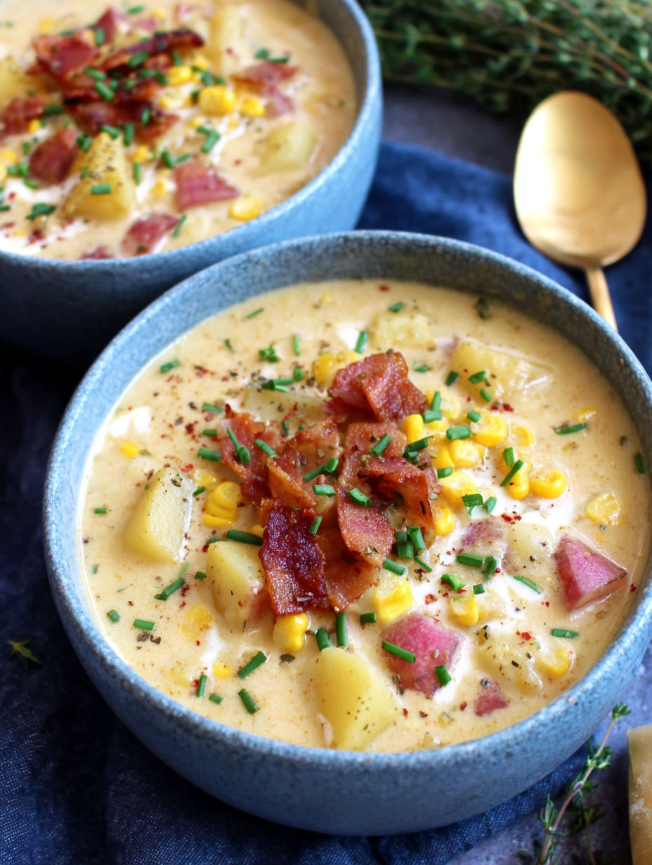 A bowl of soup with bacon and corn.