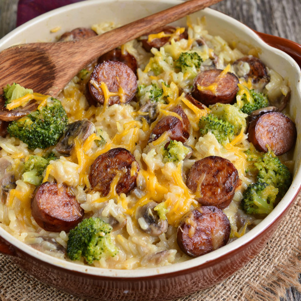A cheesy sausage comfort casserole.