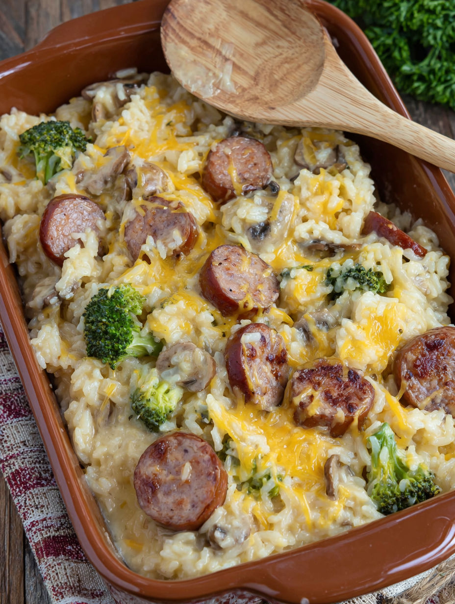 A dish of rice and sausage with mushrooms and broccoli.