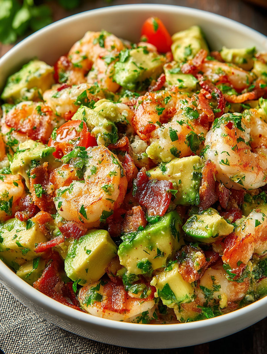 A bowl of shrimp and avocado salad with bacon.