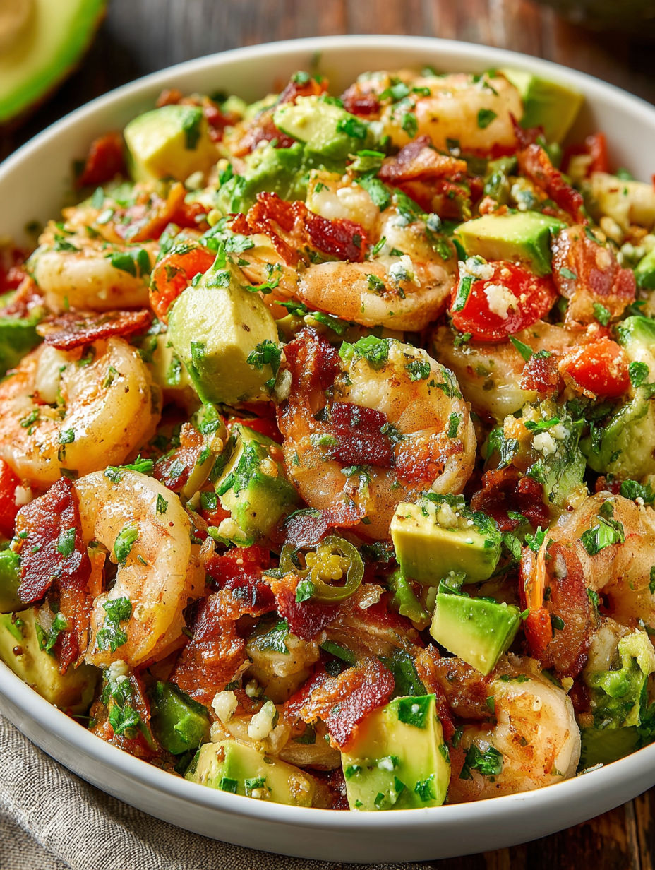 A bowl of shrimp salad with avocado and bacon.