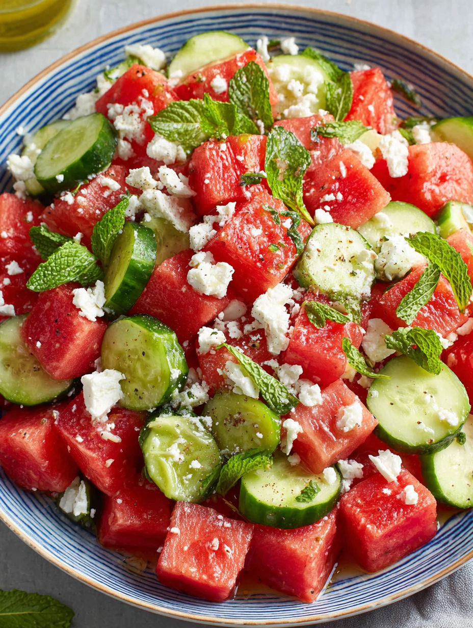 A bowl of watermelon with cucumbers and feta cheese.