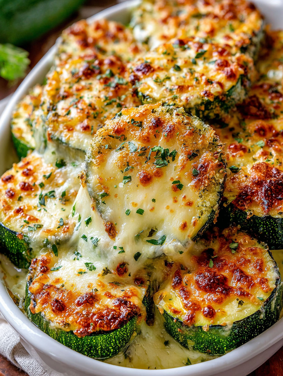 A dish of baked zucchini with cheese.