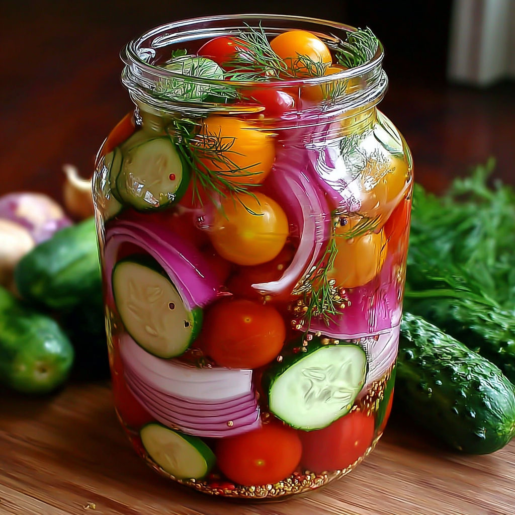 A jar of pickled cherry tomatoes, onions, and cucumbers.