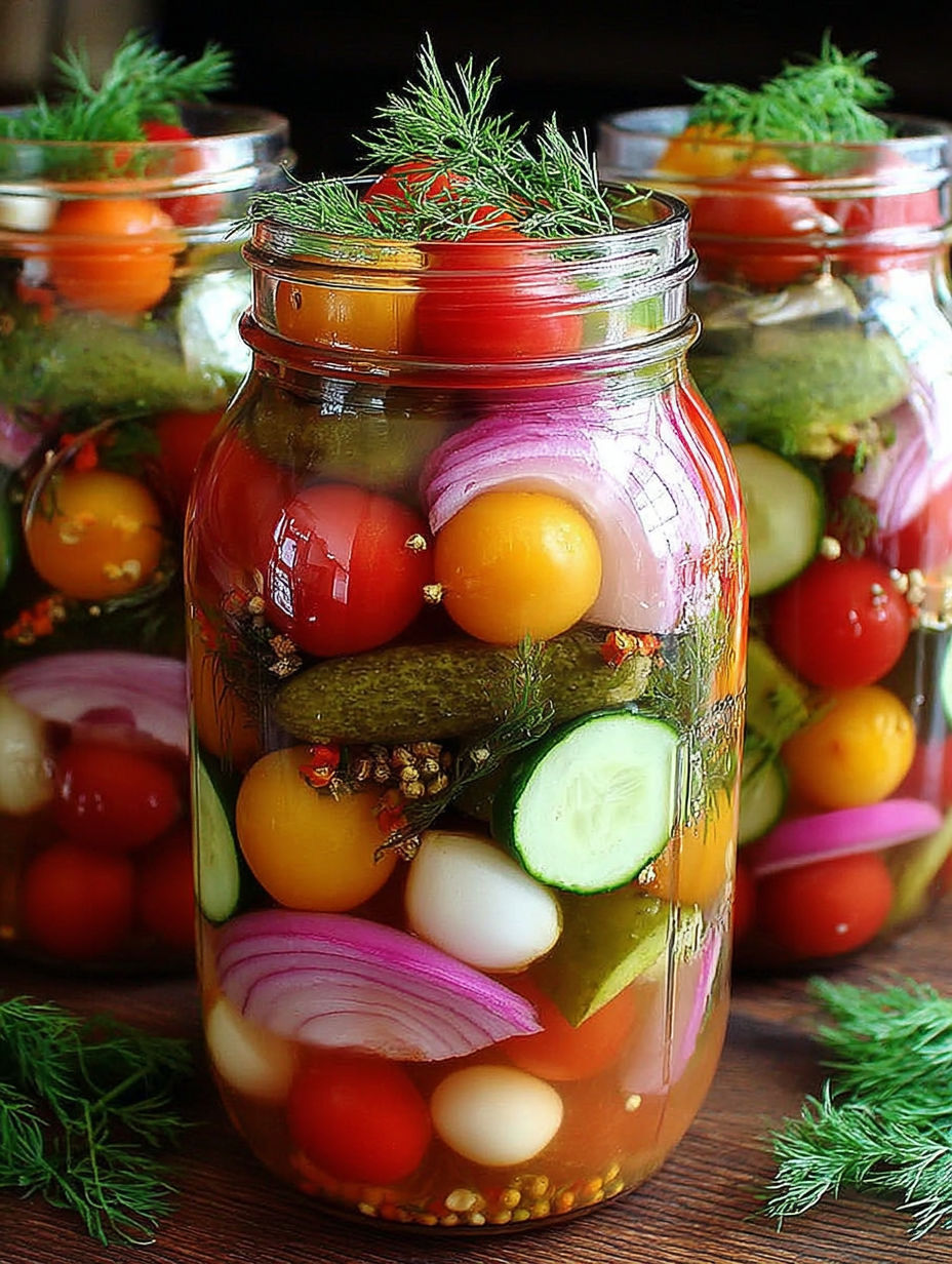 A jar filled with pickles, tomatoes, cucumbers, onions, and peppers.
