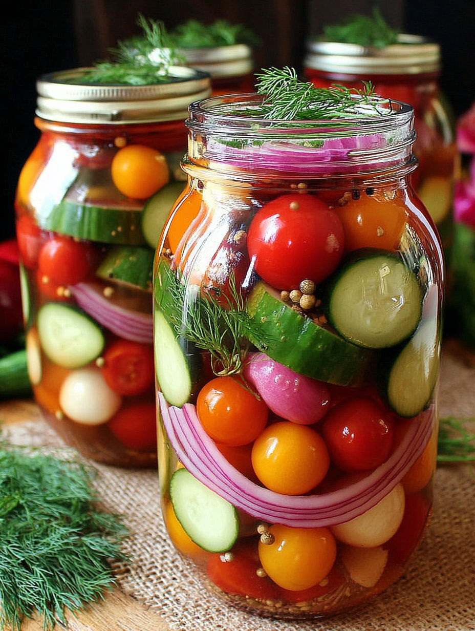 A jar of pickles with cucumbers, tomatoes, and onions.