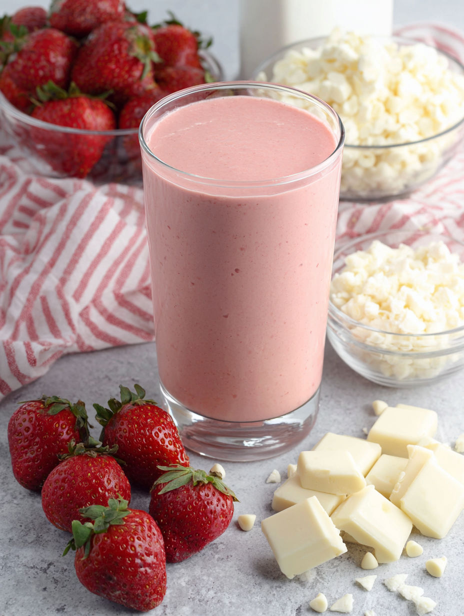 A glass of pink smoothie with strawberries and white chocolate.
