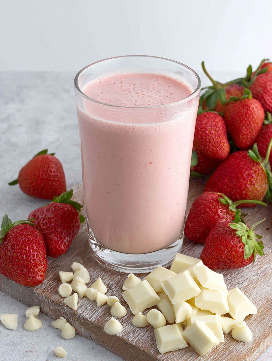A glass of pink smoothie with white chocolate and strawberries.