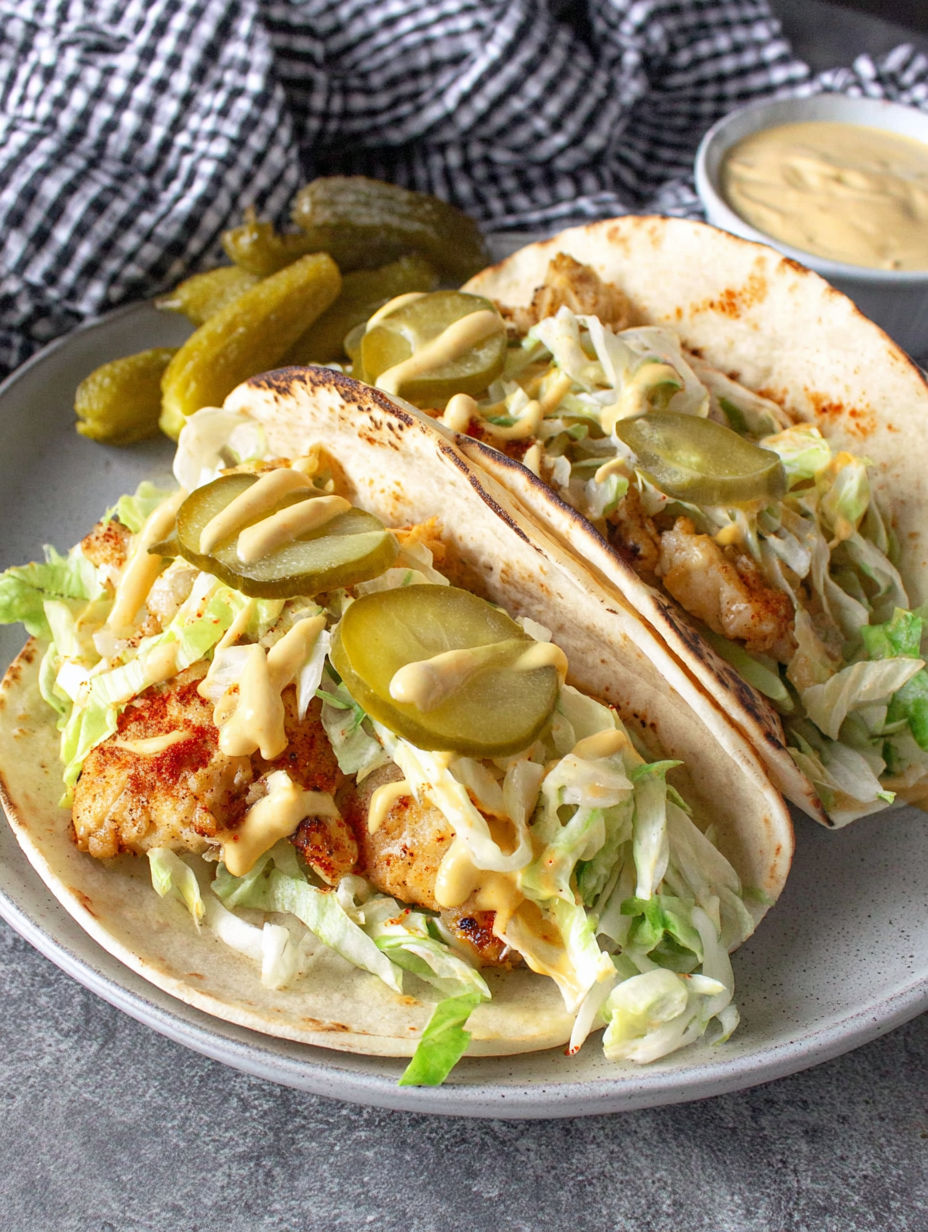 A taco with lettuce and pickles.