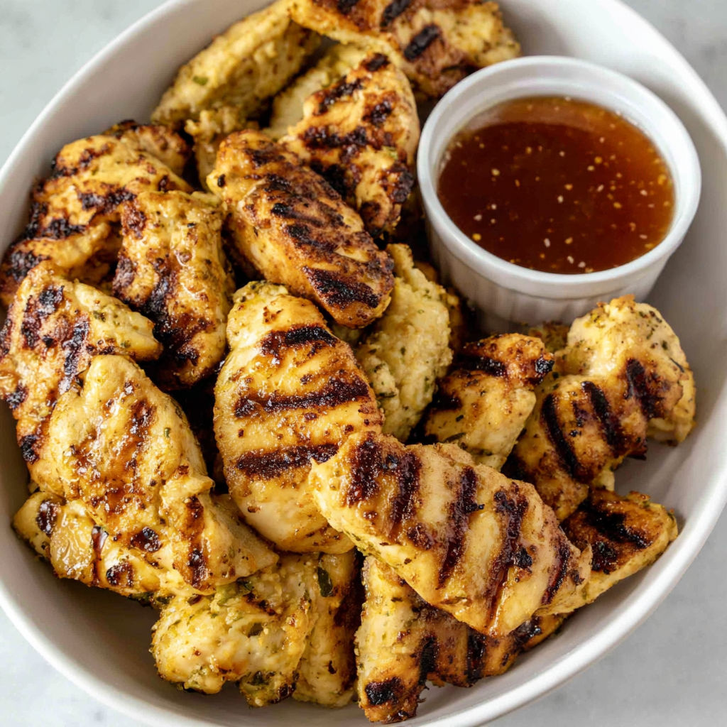 A bowl of grilled chicken nuggets.