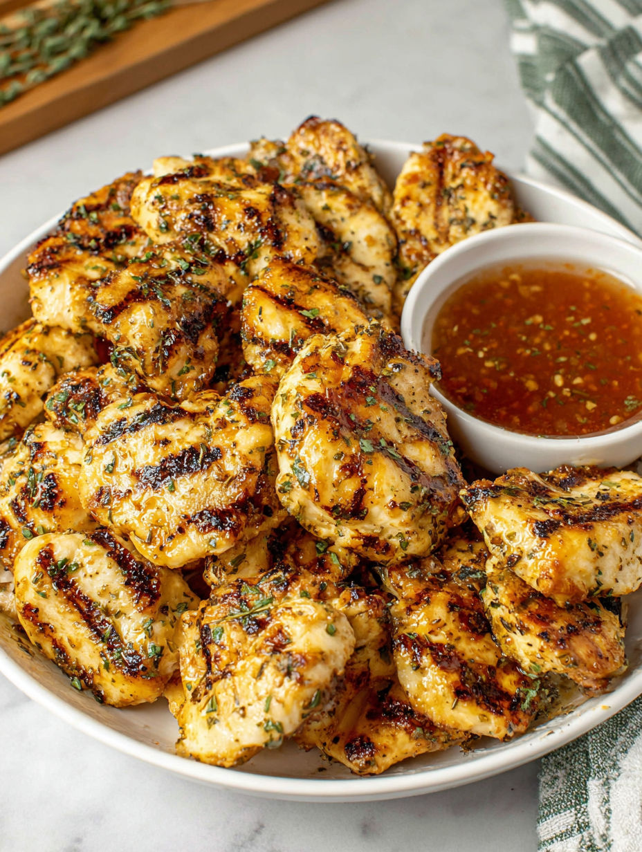 A bowl of grilled chicken nuggets with a dipping sauce.