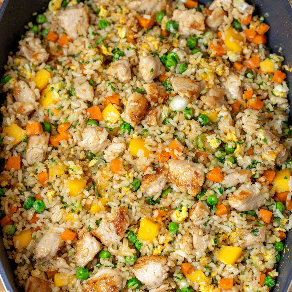 A dish of mango chicken fried rice.