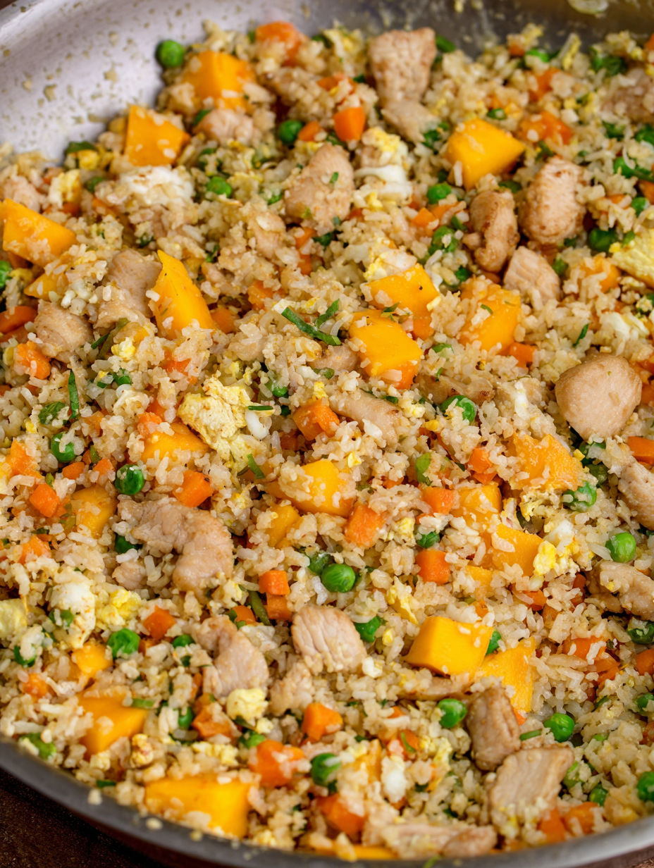 A dish of rice with vegetables and meat.