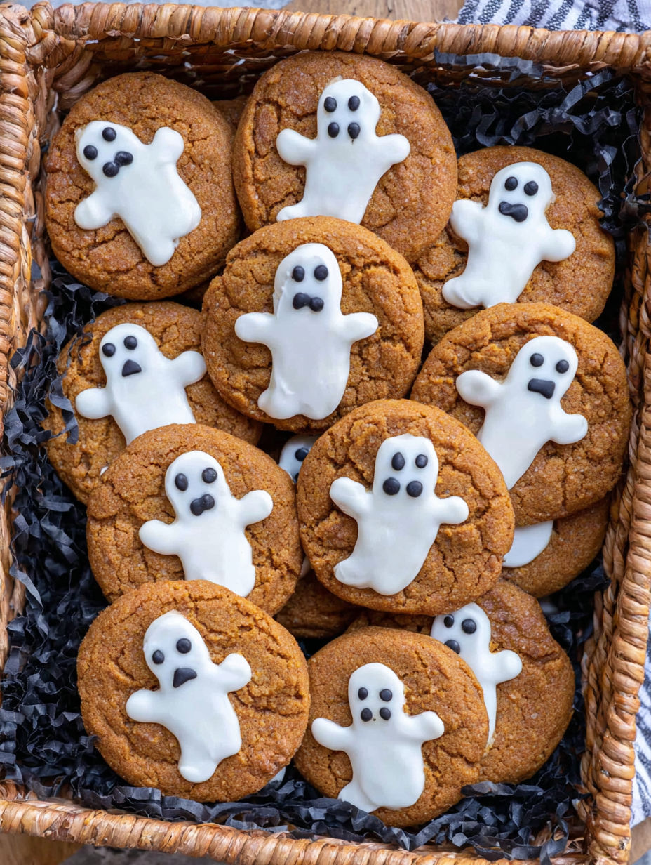 A basket of cookies with white icing and orange icing.