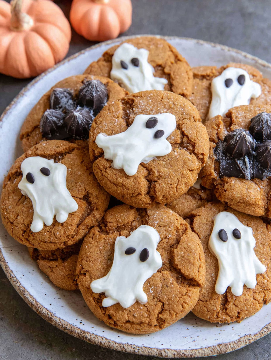 A plate of cookies with white icing and a ghost design.