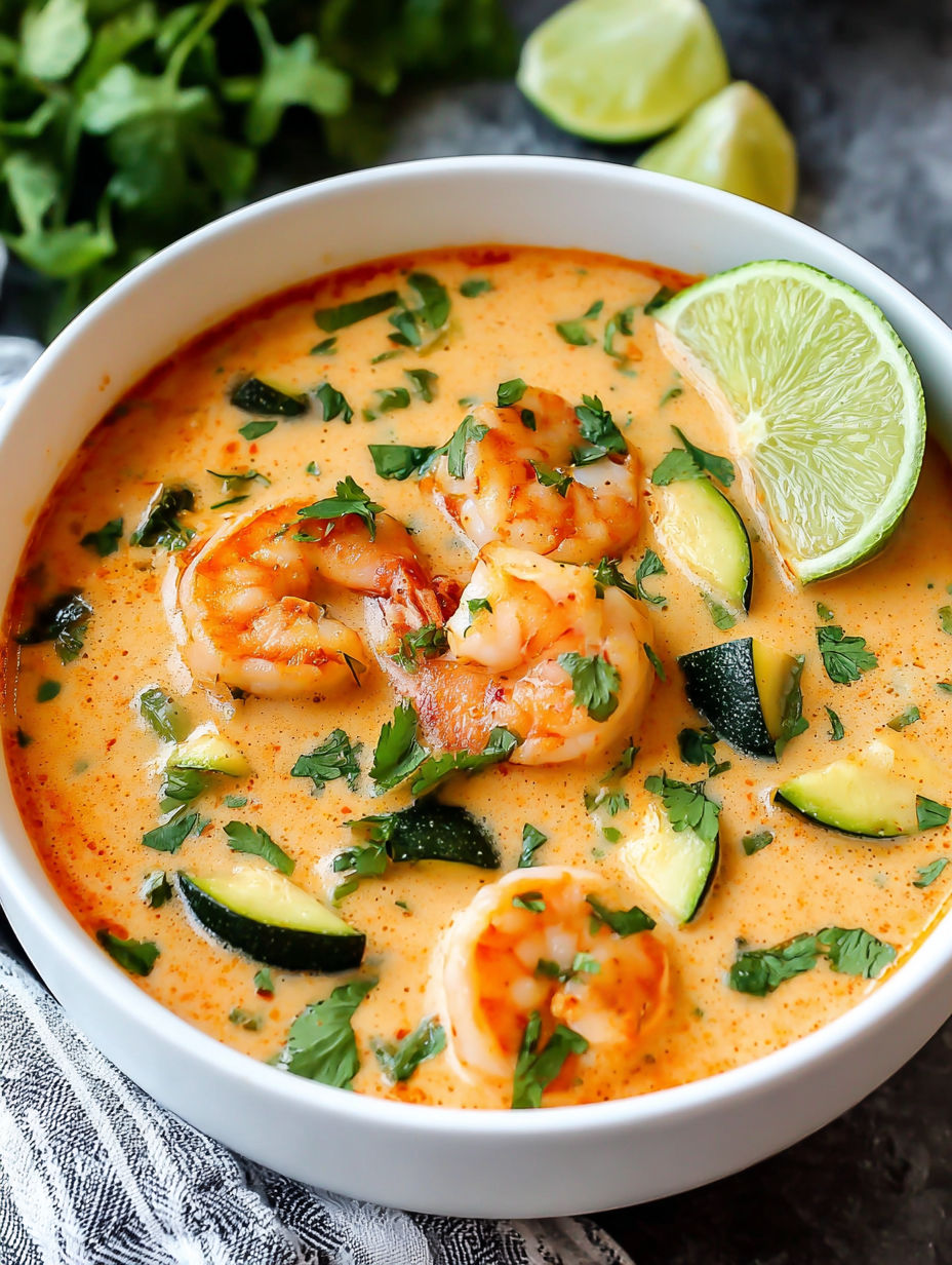 A bowl of soup with shrimp, cucumber, and lime.
