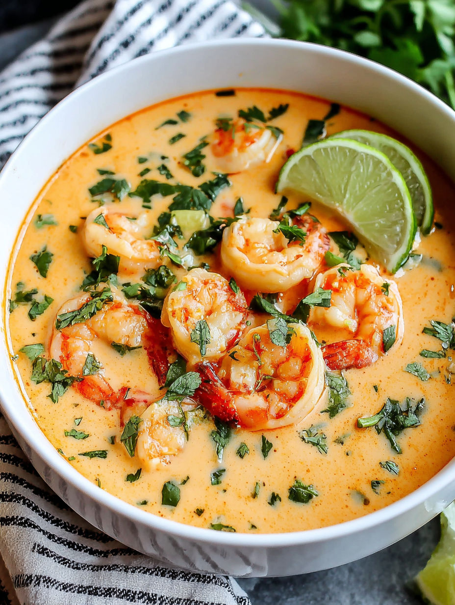 A bowl of soup with shrimp and lime.