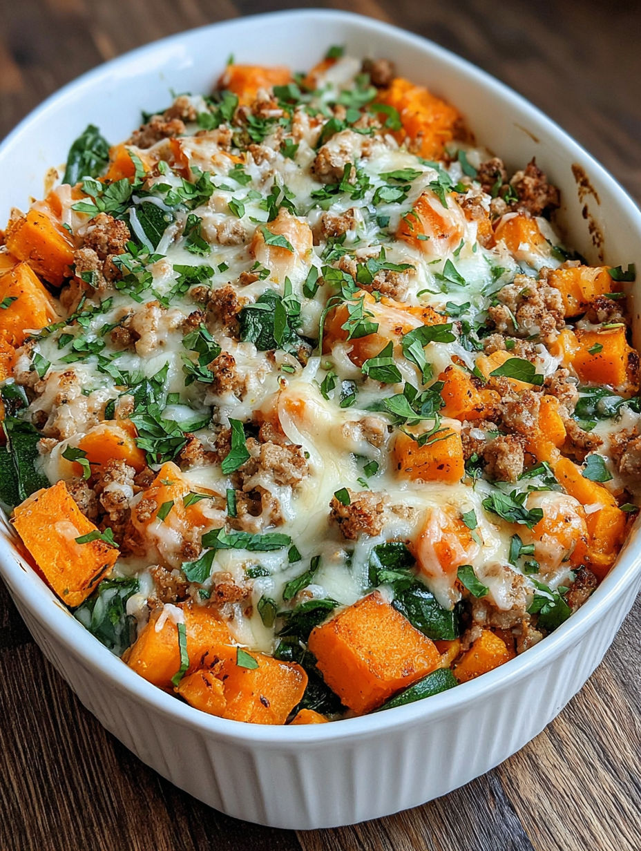 A white bowl filled with a sweet potato bake.