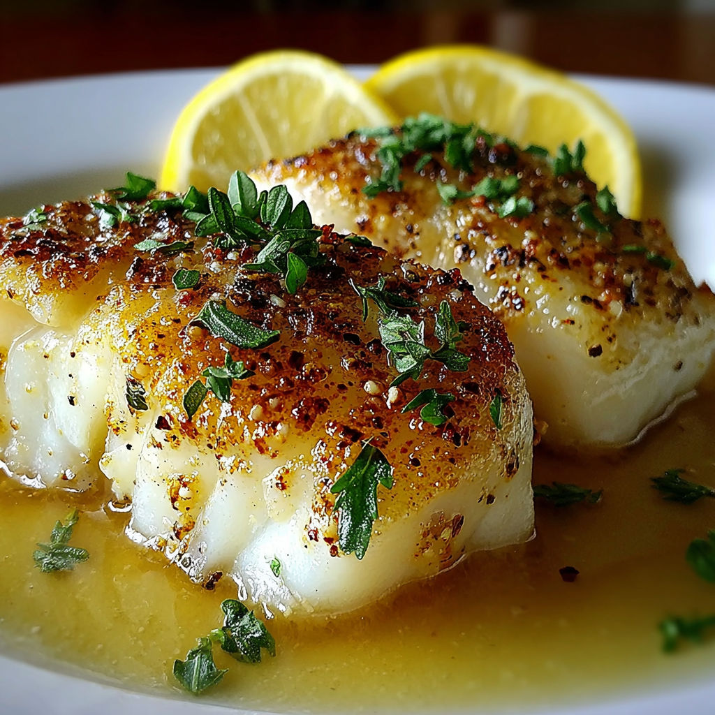 A plate of buttery lemon cod bake.