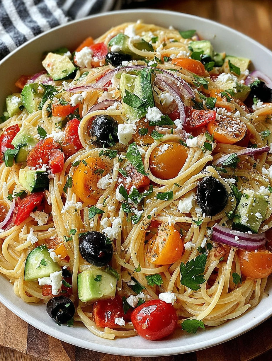 A bowl of fresh California salad with pasta, tomatoes, cucumbers, and olives.