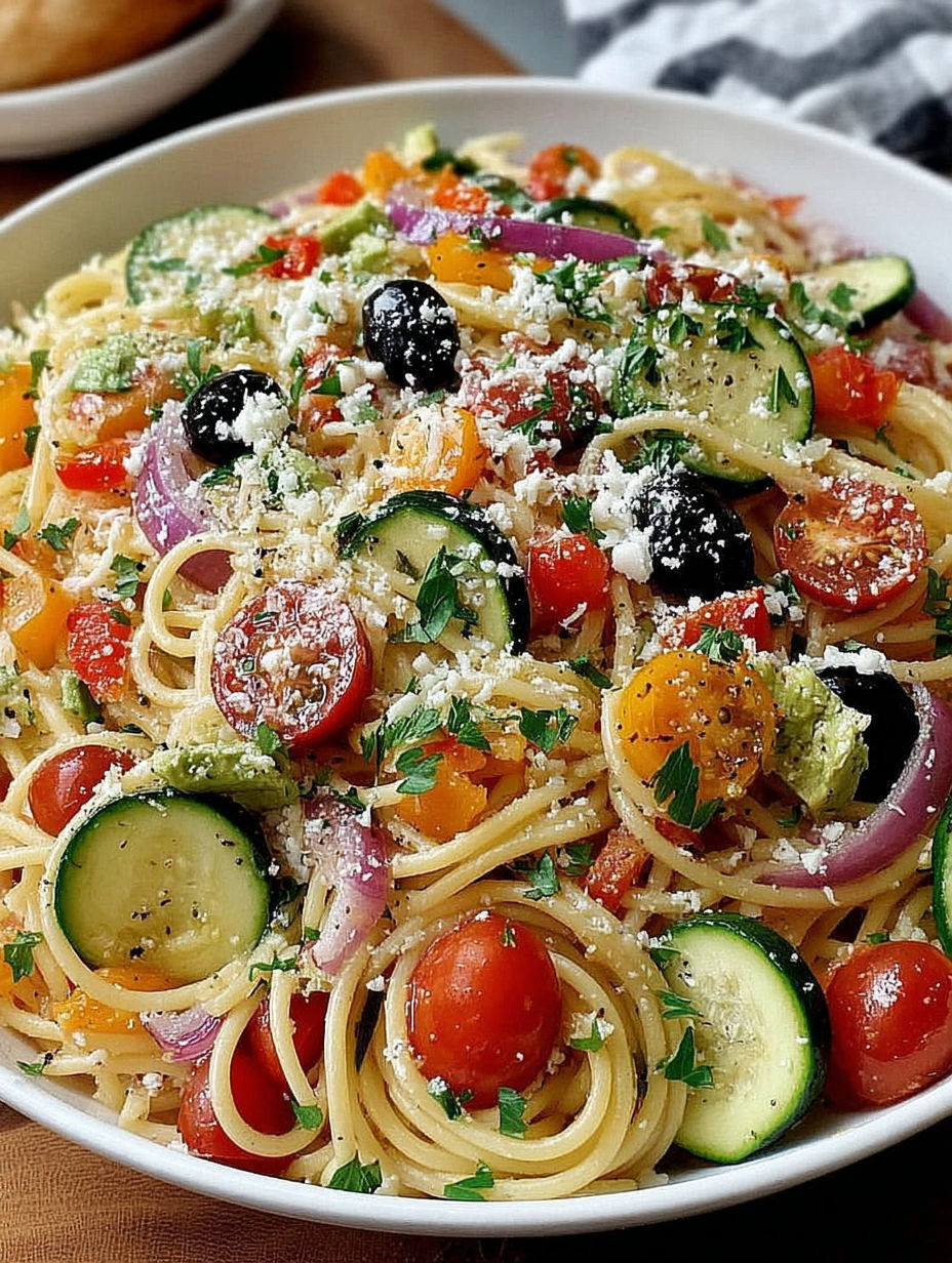 A bowl of pasta with vegetables.