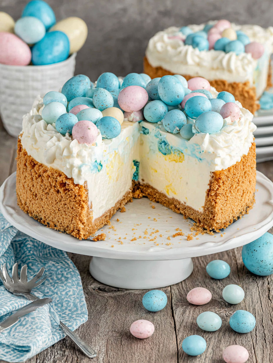 A slice of Easter Egg Cheesecake.