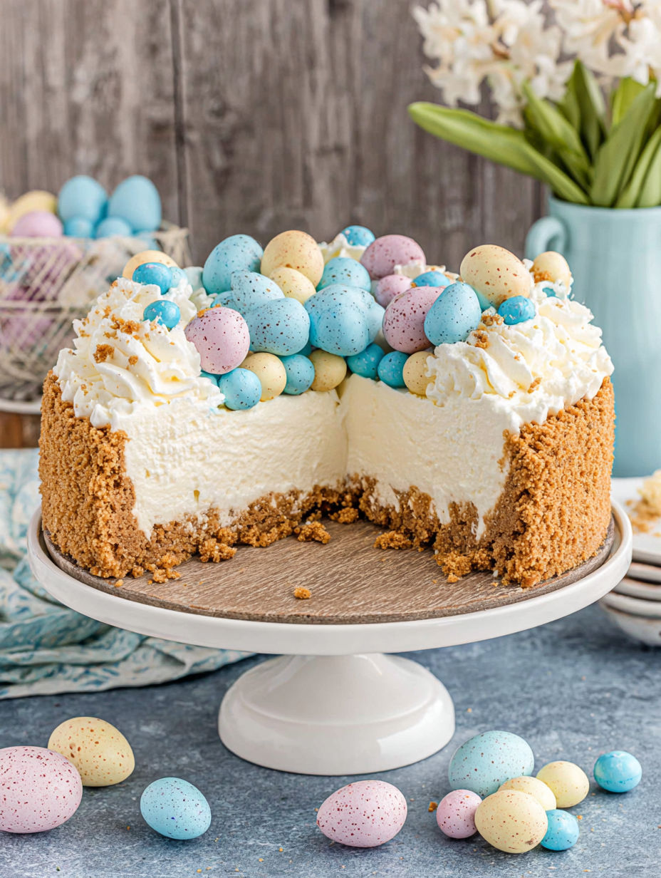 A slice of Easter Egg Cheesecake.